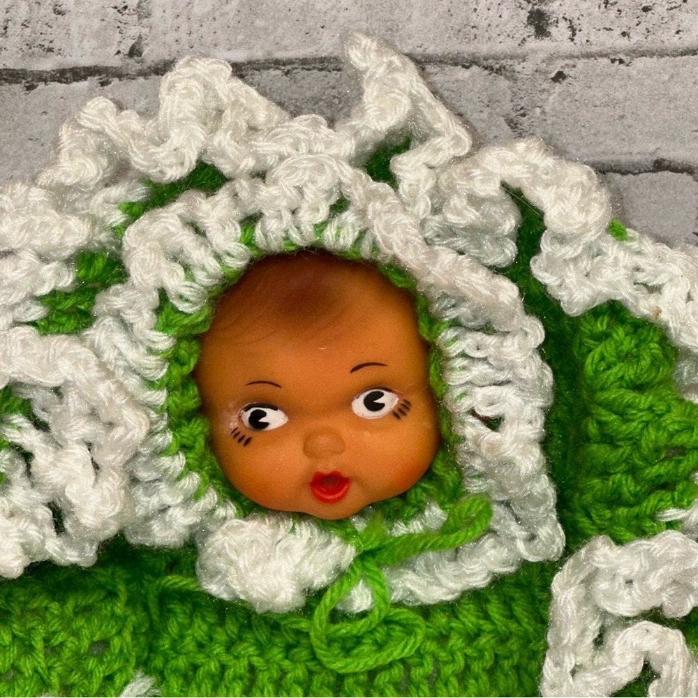 Vintage Crochet Doll Bottle Green White Thumb Sucking Blanket Handmade - Picture 2 of 13